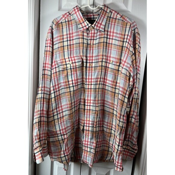 Orvis Other - ORVIS Men's Long Sleeve Plaid Linen Shirt XL Red/Navy/Tan/Wht Preppy Classic
